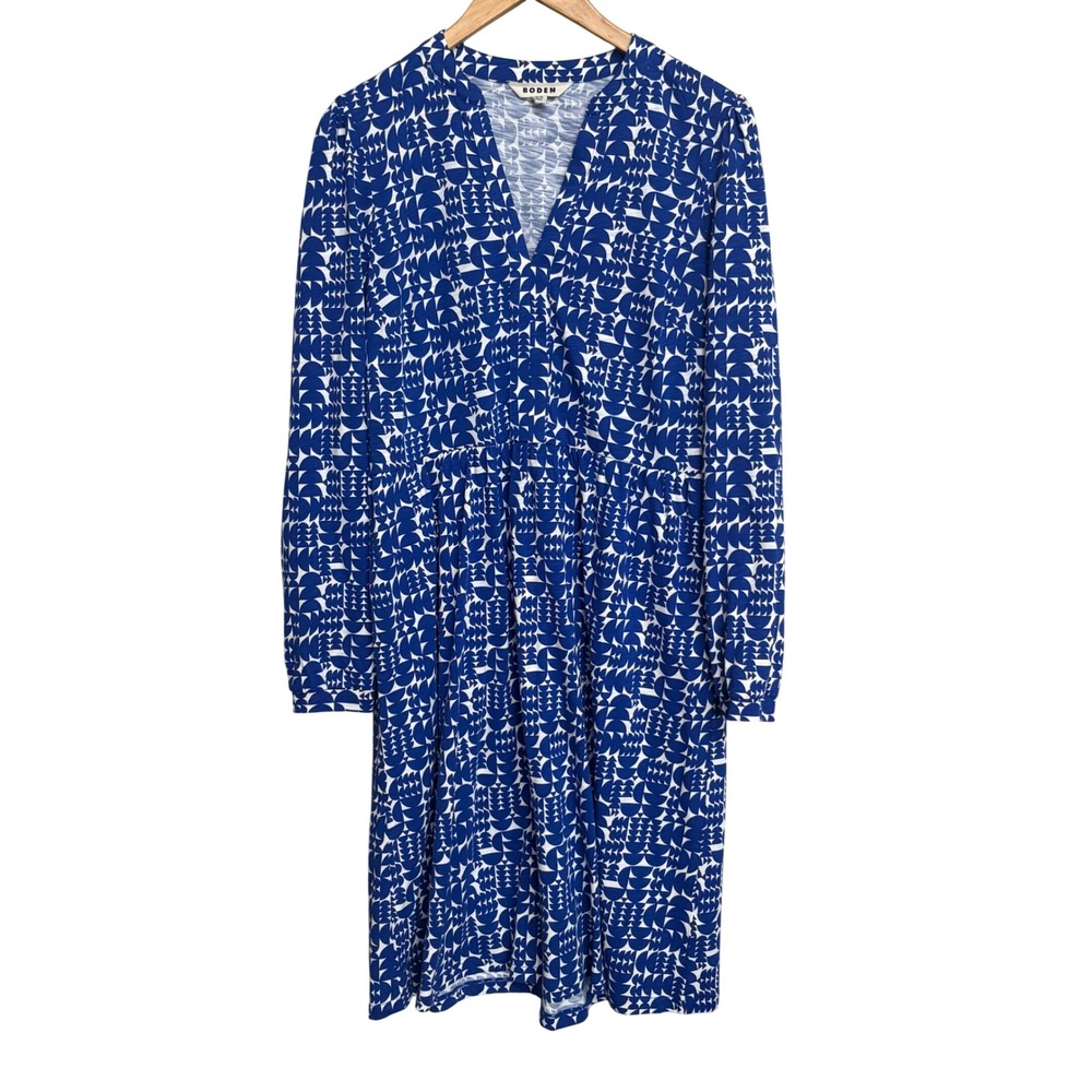 Boden Blue White Geometric Print V-Neck Long Sleeve Jersey Dress US 10R D1053